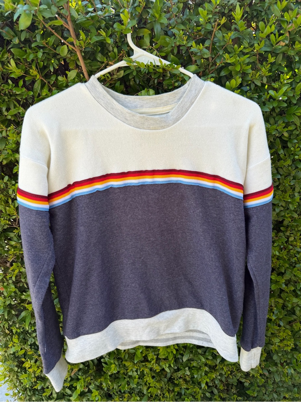 Camp Collections Women's Gray and Cream Colorblock Sweater with Rainbow Stripe